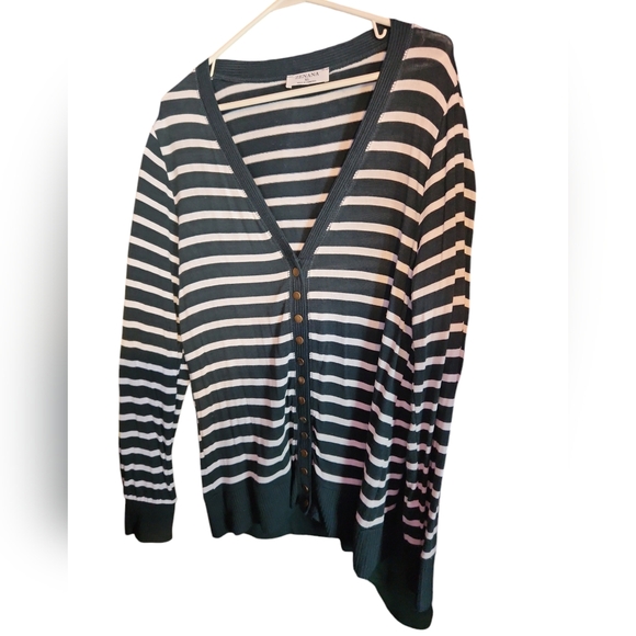 Green and White Striped Cardigan Sweater - Picture 1 of 7